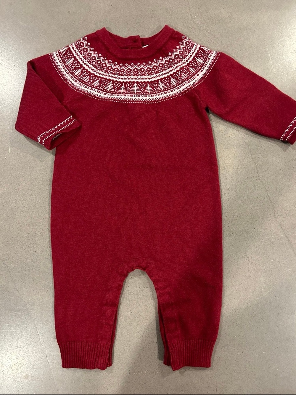 Classic Red Knit Baby One-Piece with Fair Isle Yoke
